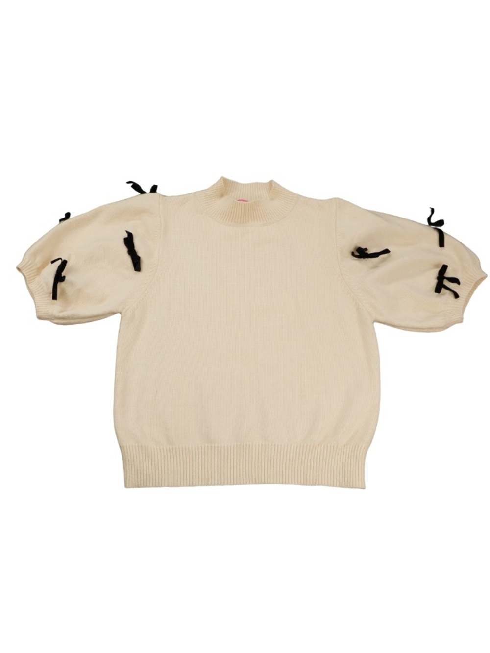 THML Cream Sweater Top Medium Puff Sleeve Black Bow Knit Coquette Chic